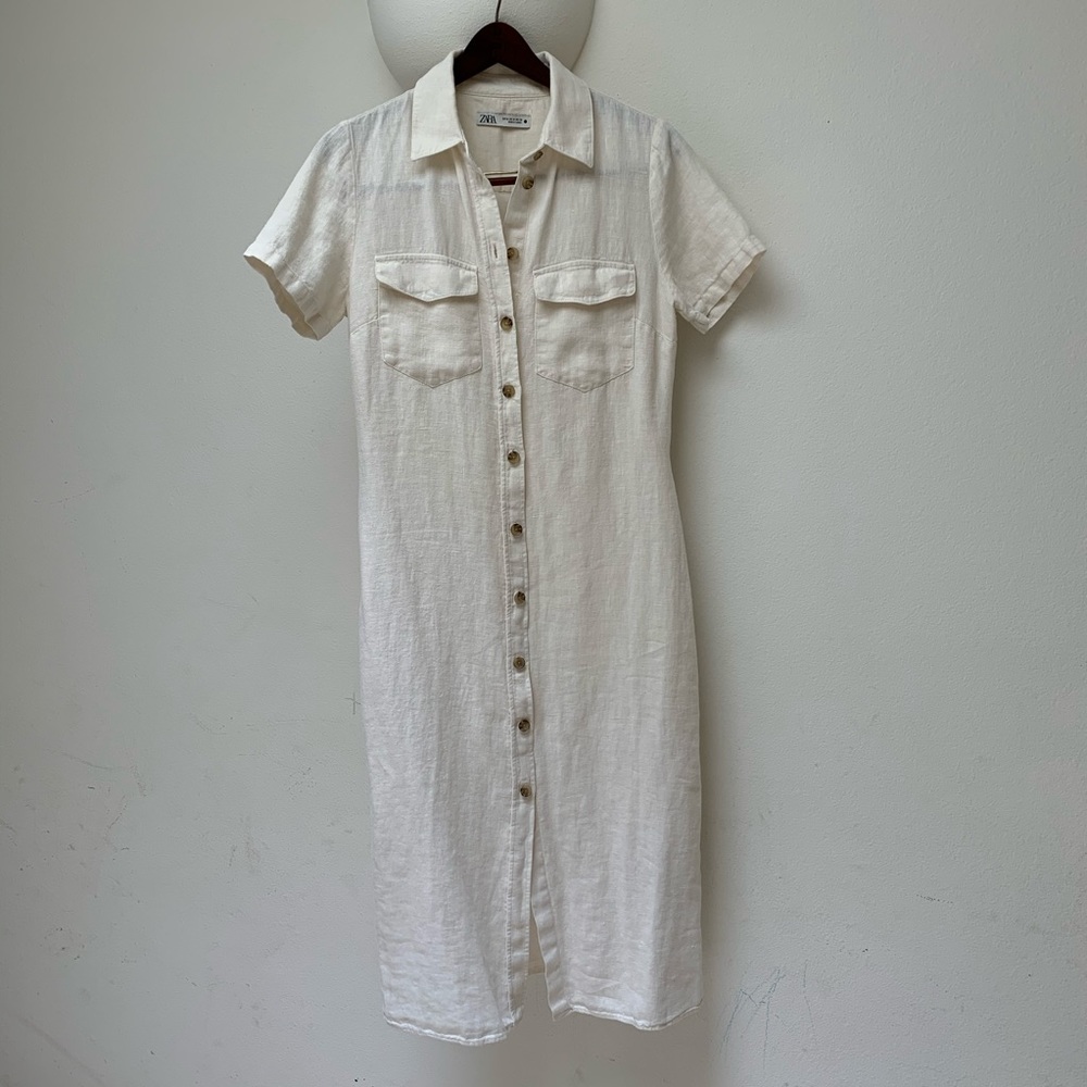 Zara Dress Linen Button Up Cream Color